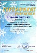 Всероссийский творческий конкурс "Новогодние фантазии". Номинация: поделка. Категория: дошкольники. Название работы: Снеговичок. Участник: Воспитанник средней группы Бурков Кирилл. Организатор: Образовательный портал "Ника". 12.12.2020 Всероссийский творческий конкурс "Новогодние фантазии". Номинация: поделка. Категория: дошкольники. Название работы: Снеговичок. Участник: Воспитанник средней группы Бурков Кирилл. Организатор: Образовательный портал "Ника". 12.12.2020